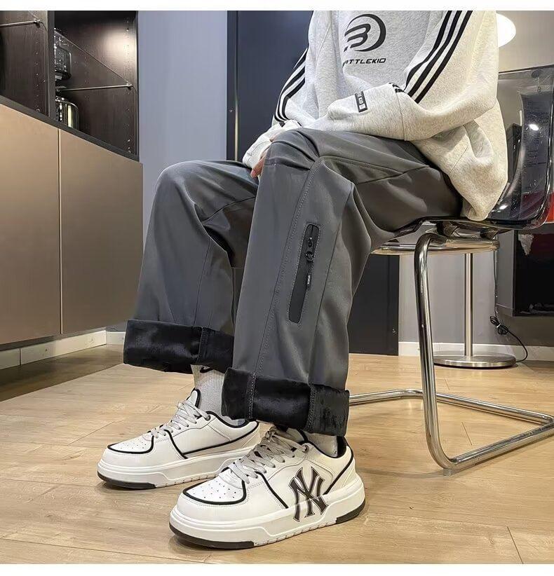 Drawstring Waist Plain Panel Zip Straight Leg Pants Product Image