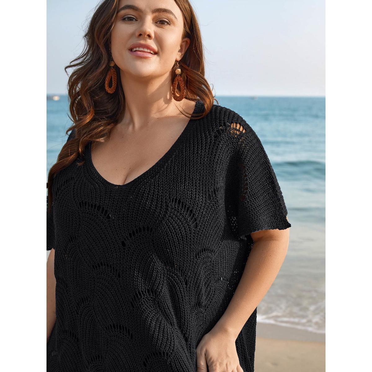 Plus Size Cut-Out Solid V-Neck Swimsuit Coverup Women's Swimwear Black Beach Loose Texture Curve Swim Cover Ups BloomChic 26/4X Product Image