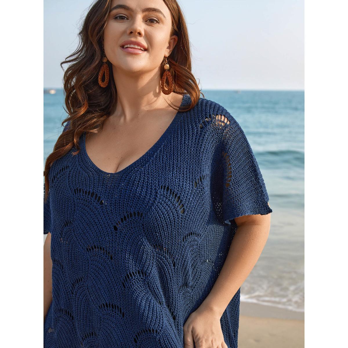 Plus Size Cut-Out Solid V-Neck Swimsuit Coverup Women's Swimwear Indigo Beach Loose Texture Curve Swim Cover Ups BloomChic 22-24/3X Product Image