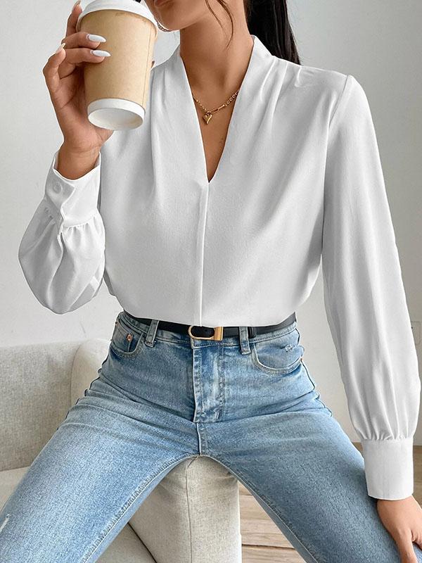Long Sleeves Loose Pleated Solid Color Split-Joint V-Neck Blouses&Shirts Tops Product Image