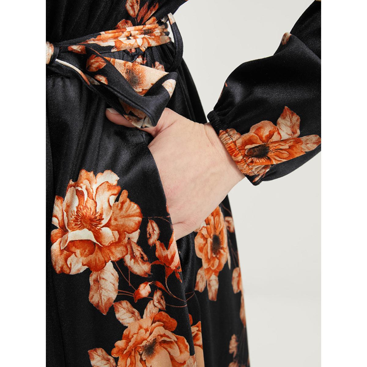 Plus Size Floral Lantern Sleeve Belted Surplice Neck Velvet Maxi Dress Black Women Elegant Cross straps V-neck Long Sleeve Curvy Long Dress BloomChic 18-20/2X Product Image