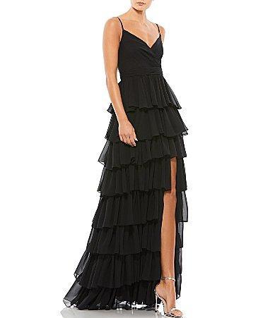 Mac Duggal Tiered Ruffle V-Neck Sleeveless V-Back Thigh High Slit A Product Image