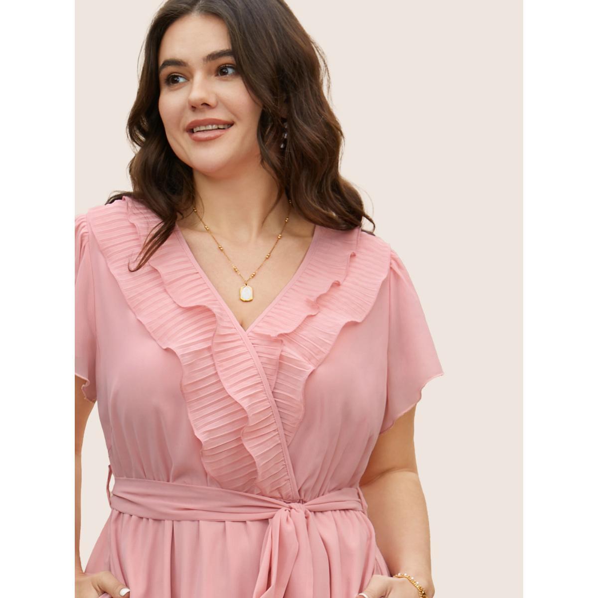 Plus Size Solid Wrap Textured Ruffle Trim Belted Dress Crepe Women Elegant Pleated V-neck Short sleeve Curvy BloomChic 30/6X Product Image