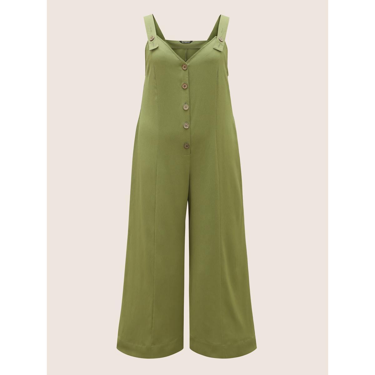 Plus Size ArmyGreen Solid Texture Button Up Crinkled Jumpsuit Women Casual Sleeveless V-neck Everyday Loose Jumpsuits BloomChic 22-24/3X Product Image