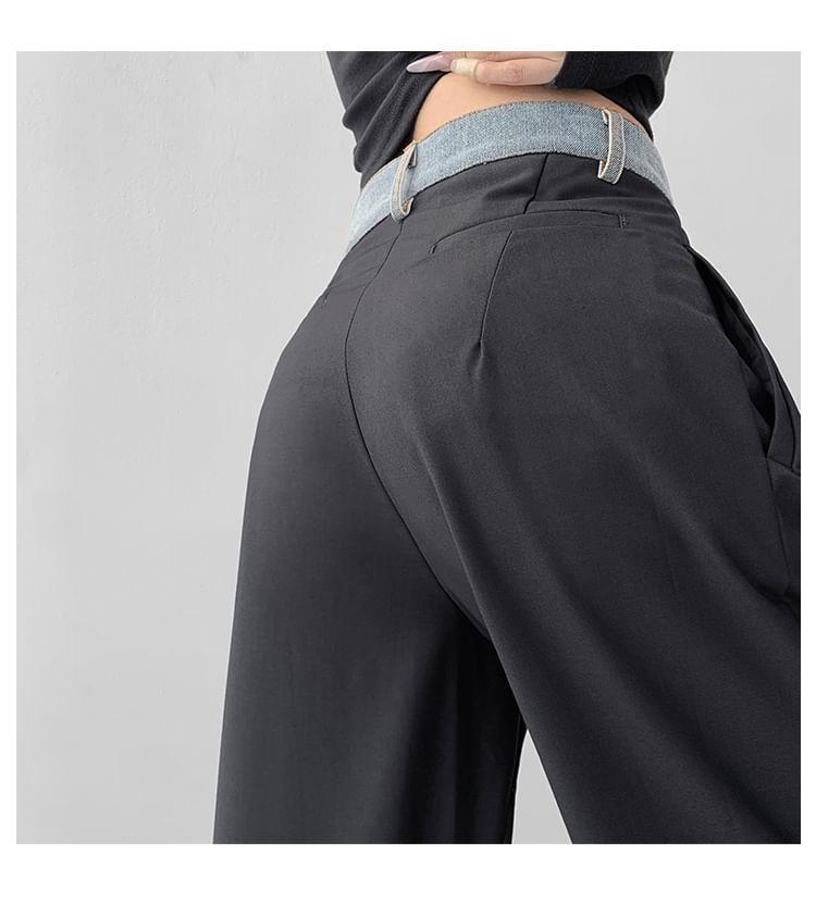 Denim-Waistline Pleated Straight-Cut Loose Dress Pants Product Image
