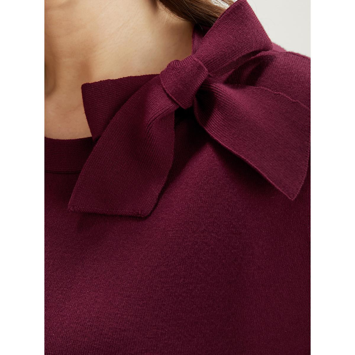 Plus Size Solid Soft Sexy Yarn Knit Knotted Neck Knit Top Scarlet Women Elegant Long Sleeve Tie Neck Dailywear Pullovers BloomChic 12/L Product Image