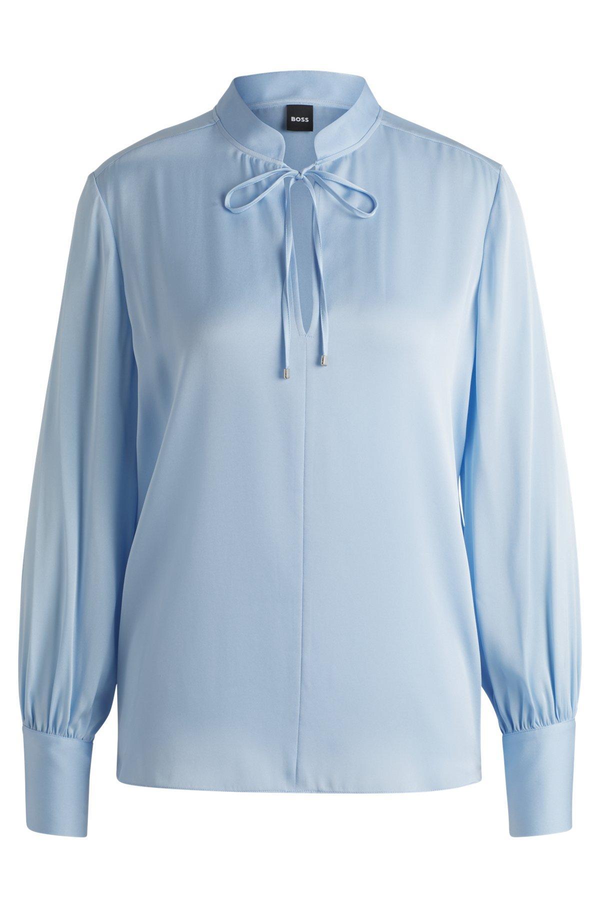BOSS - Relaxed-fit blouse in stretch silk with keyhole neckline - Light Blue Product Image