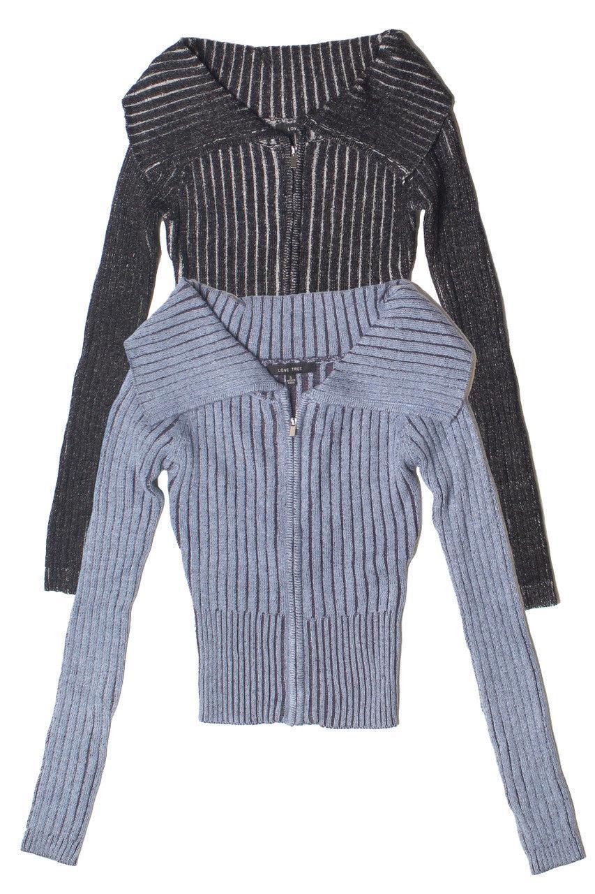 Fold Over Collar Ribbed Zip Up Sweater Product Image