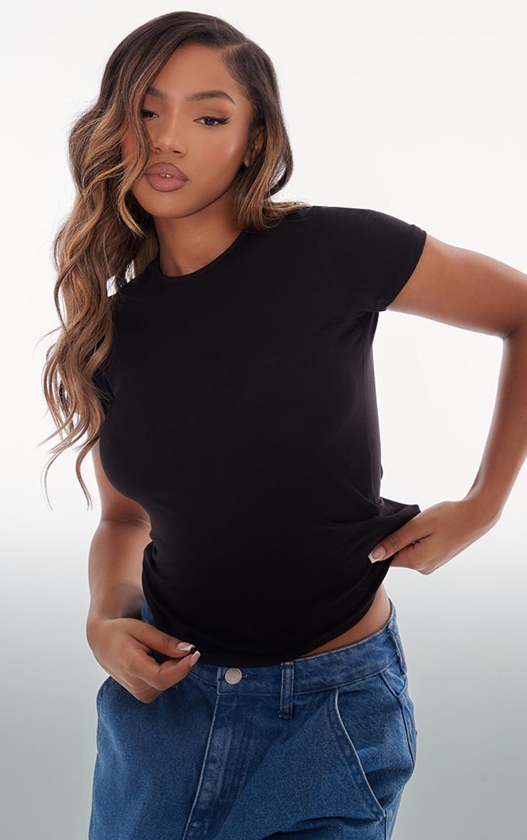 Basic Black Cotton Blend Fitted Crew Neck T Shirt Product Image