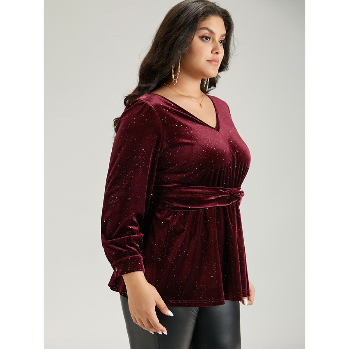 Plus Size Scarlet Glitter Sequin Velvet Twist Front V Neck Blouse Women Cocktail Long Sleeve V-neck Party Blouses BloomChic 12/L Product Image