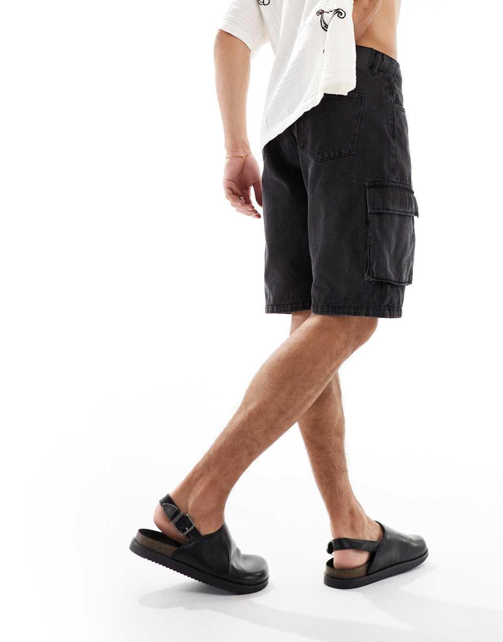 ADPT loose fit denim cargo shorts in washed black Product Image
