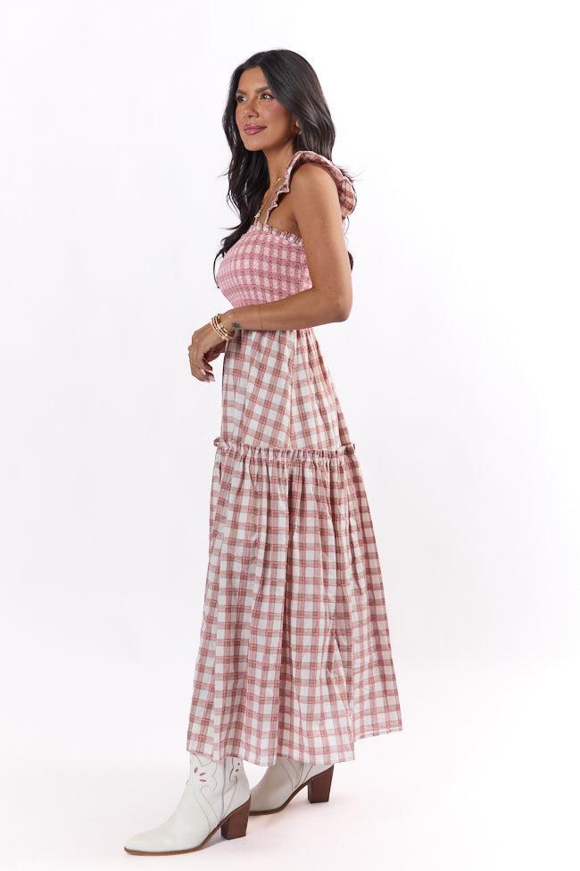 Checked Treasures Pink and Brown Plaid Tiered Midi Dress SALE Product Image
