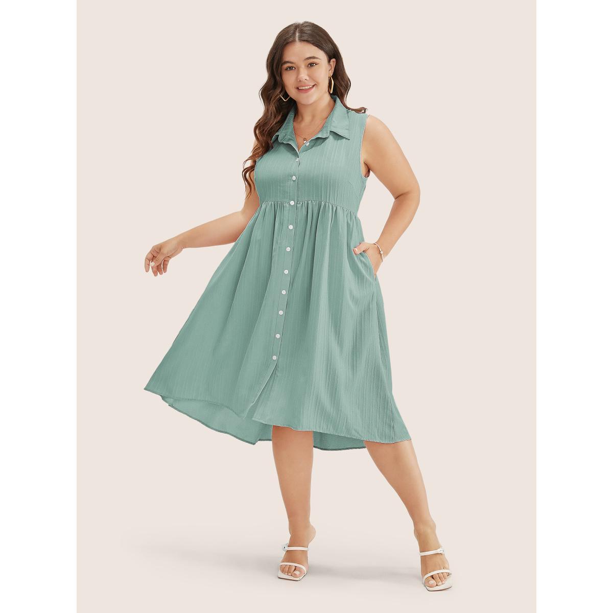 Plus Size Solid Shirt Collar Ruffle Pocket High Low Hem Button Up Dress Mint Women At the Office Non Polo Sleeveless Curvy Midi Dress BloomChic 22-24/3X Product Image