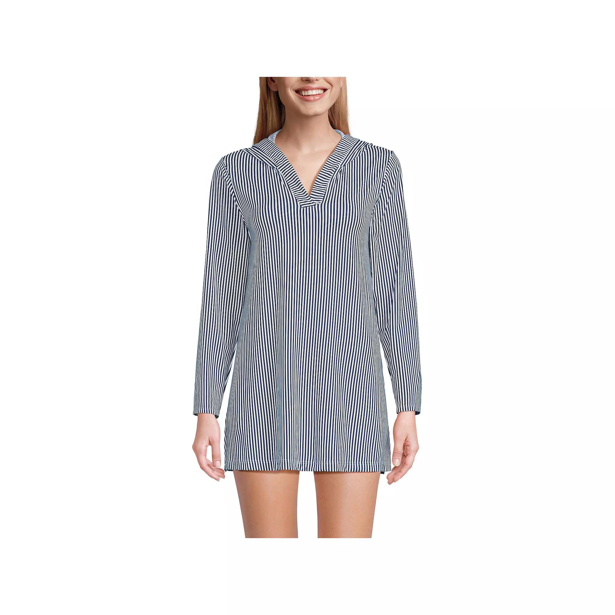 Women's Lands' End Hooded Mini Swim Cover-Up Dress UPF 50, Size: Small, Blue Mini Stripe Product Image