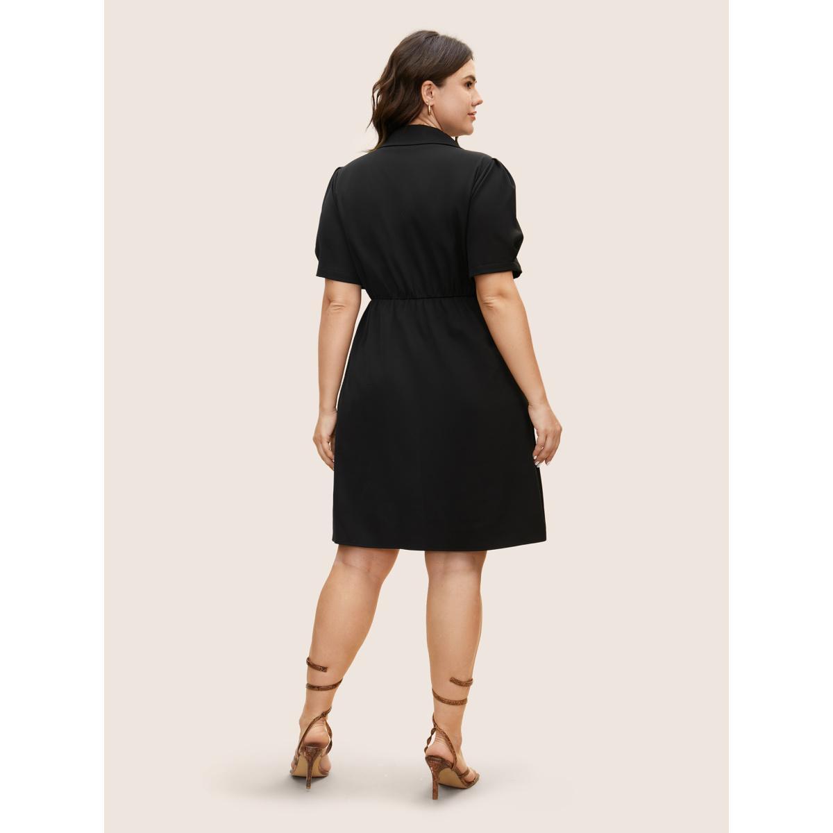 Plus Size Suit Collar Metal Detail Lantern Sleeve Dress Black Women Workwear Essentials Button Suit Collar Sleeveless Curvy BloomChic 12/L Product Image