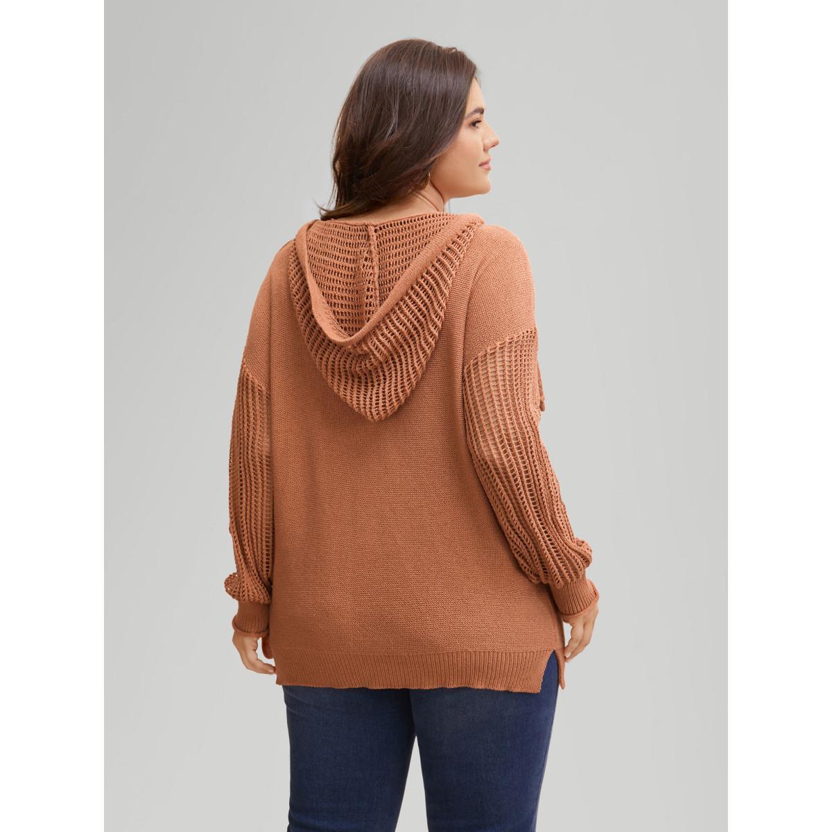 Plus Size Hooded Drawstring Cut Out Pocket Pullover Yellowishbrown Women Casual Three Quater Length Sleeve V-neck Everyday Pullovers BloomChic 30/6X Product Image