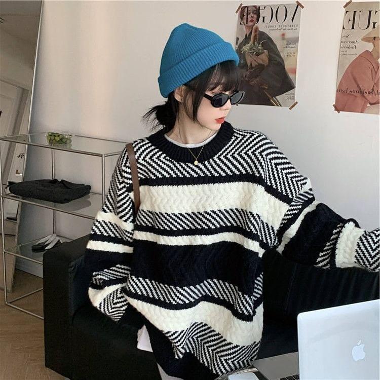 Round Neck Herringbone Oversized Sweater Product Image
