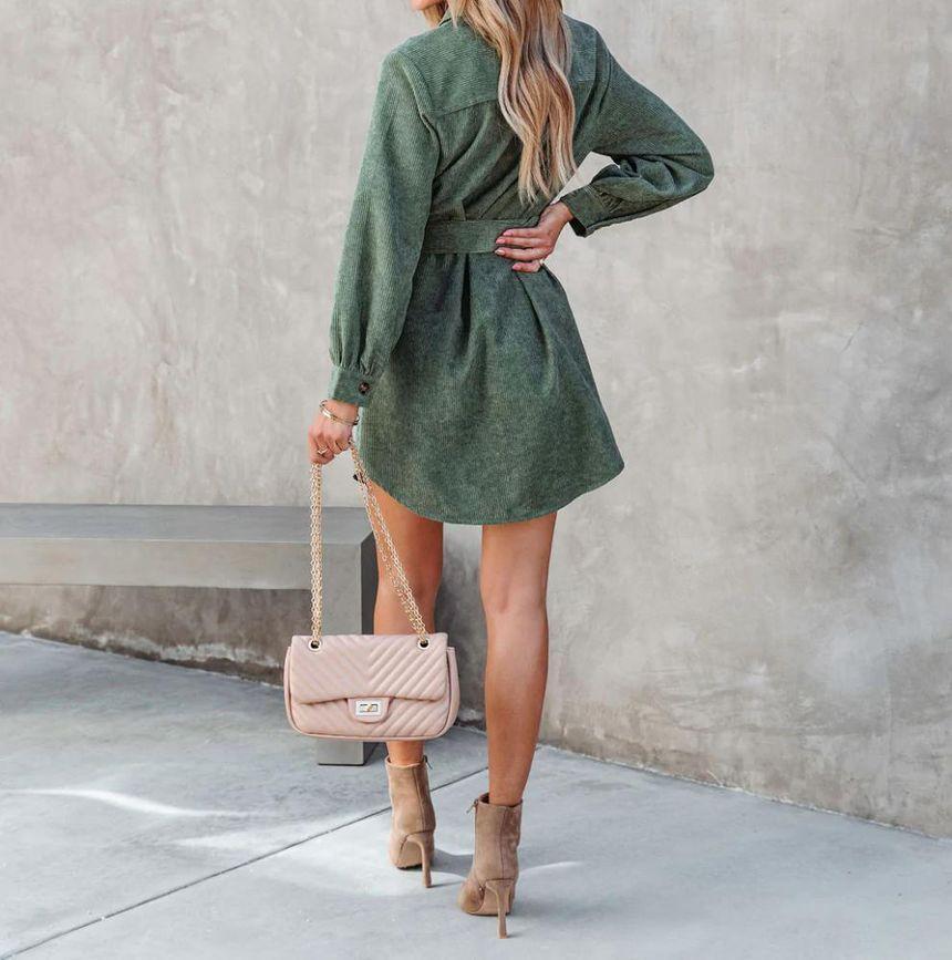 Long-Sleeve Plain Belted Corduroy Mini Shirt Dress Product Image