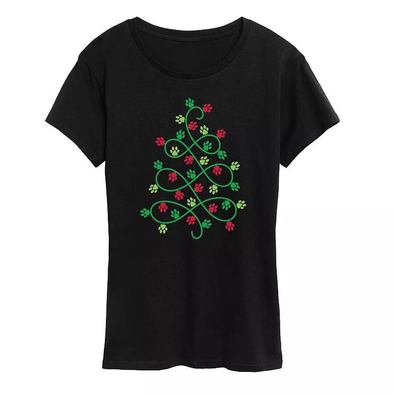 Women's Paw Print Christmas Tree Graphic Tee, Size: XL, Black Product Image