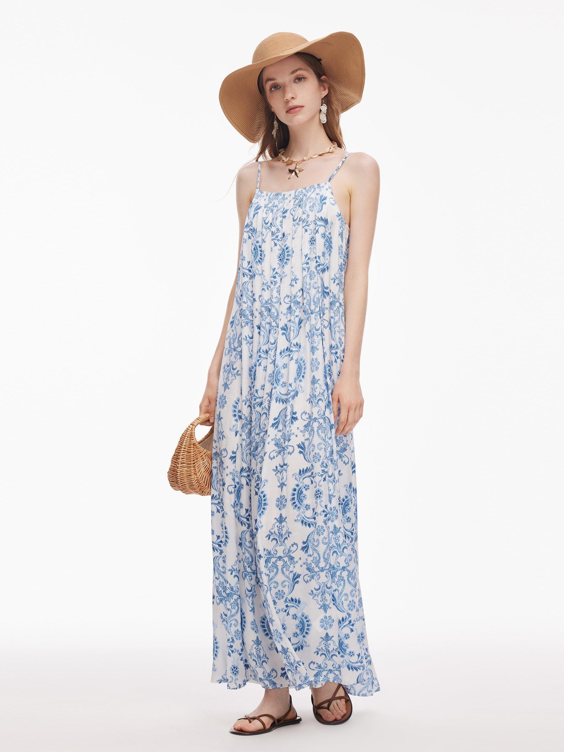 Floral Print Pleated Women Adjustable Straps Maxi Dress Product Image
