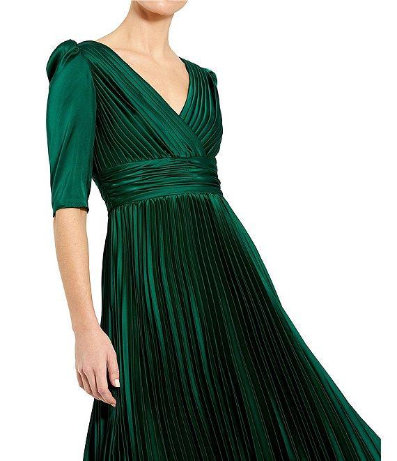Mac Duggal 3/4 Sleeve V-Neck Pleated Satin Dress Product Image