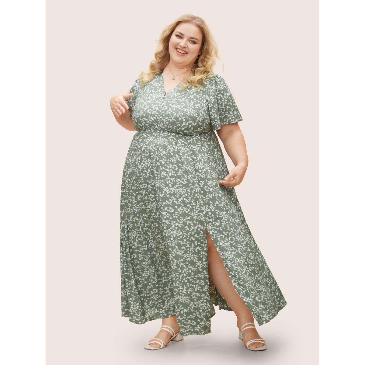 Ditsy Floral Printed Vintage Plus Size Women Vacation Long Dress Ruffle Sleeve Half Sleeve V Neck Pocket Elegance Dresses BloomChic Product Image