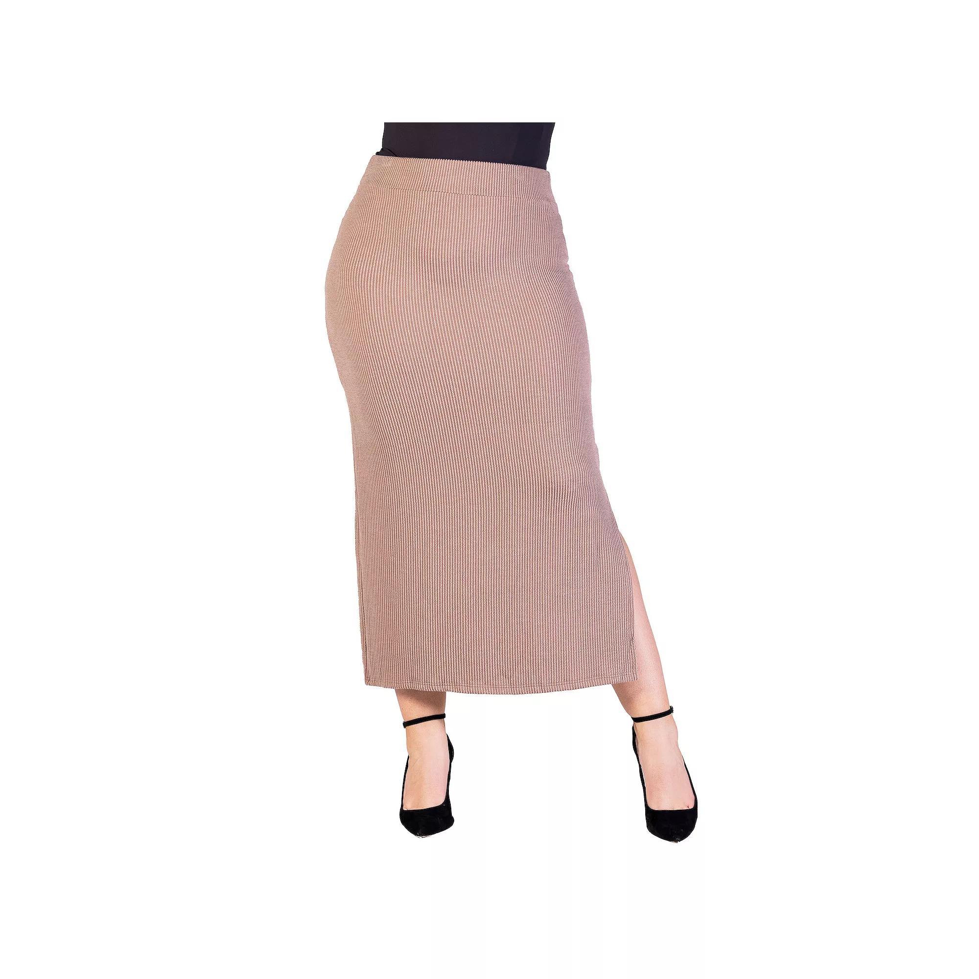 Plus Size 24Seven Comfort Apparel Ribbed Knit Side Slit Elastic Waist Maxi Skirt, Women's, Size: 1XL, Brown Product Image