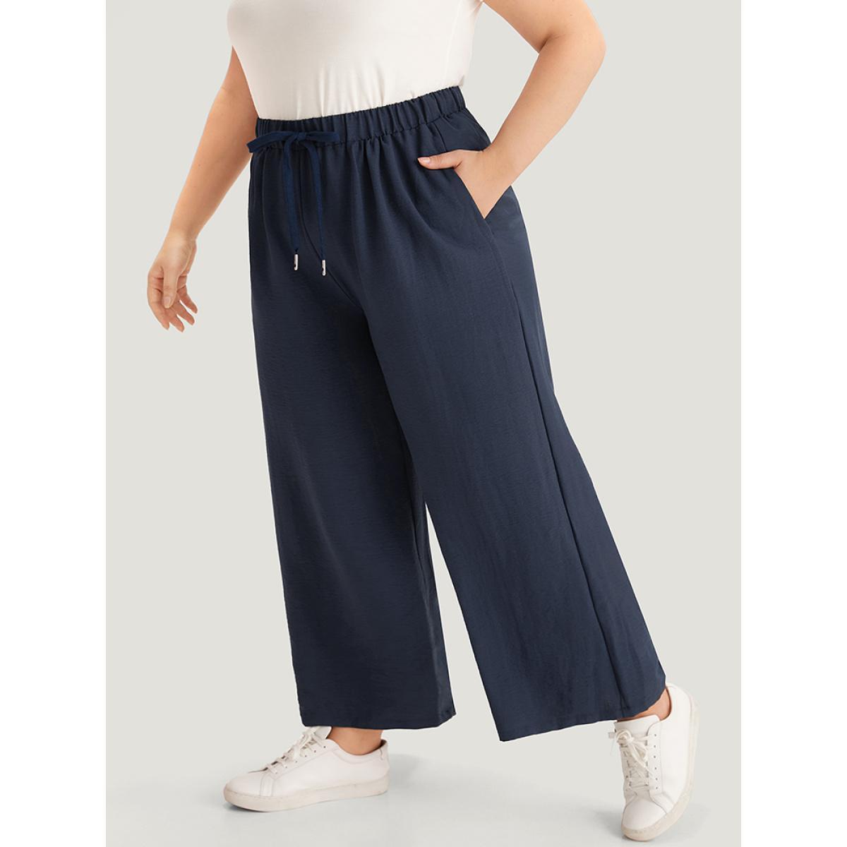 Plus Size Plain Drawstring Elastic Waist Gathered Pants Women Indigo Casual Straight Leg High Rise Dailywear Pants BloomChic 28/5X Product Image