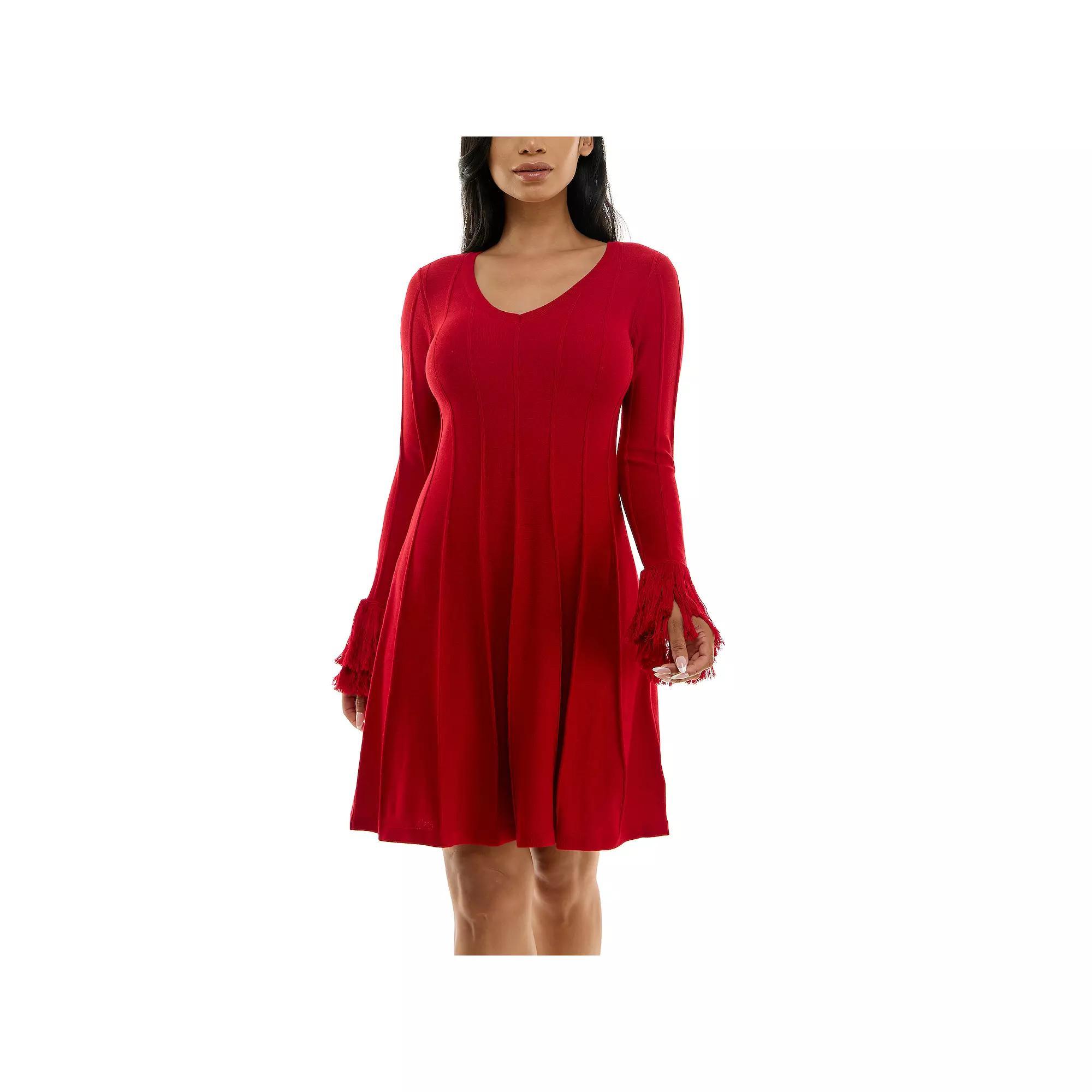 Womens Nina Leonard A-Line Fringe Sweater Dress Product Image