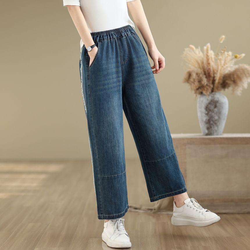 Elastic Waist Fringed Washed Cropped Wide Leg Jeans Product Image