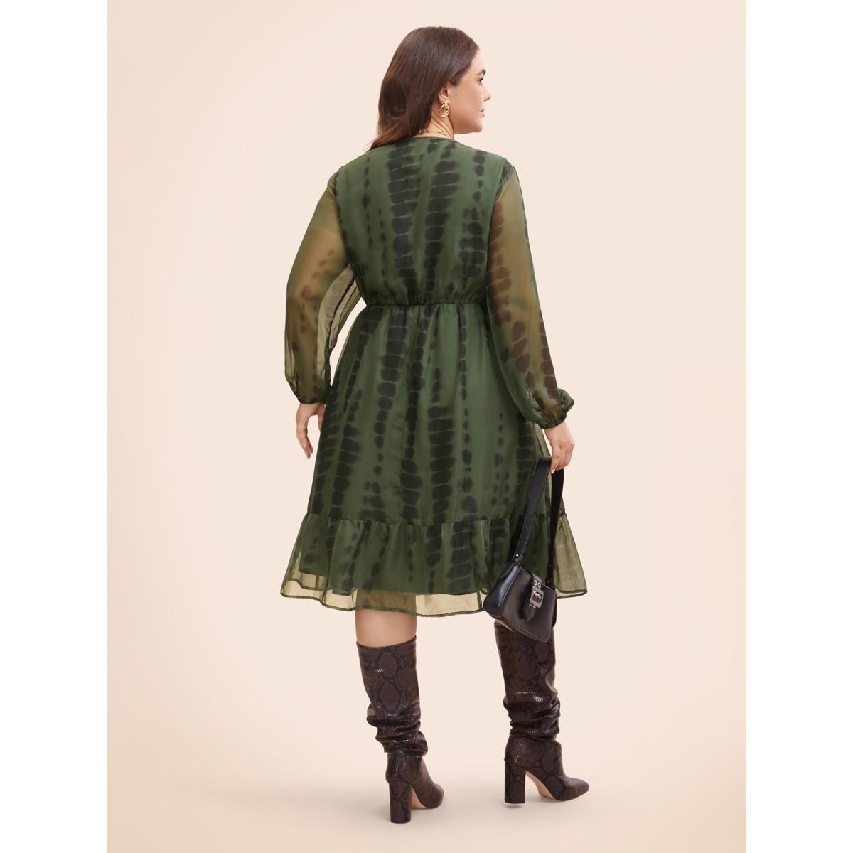 Plus Size Geometric Mesh Lantern Sleeve Midi Dress ArmyGreen Women At the Office See through V-neck Long Sleeve Curvy BloomChic 10/M Product Image
