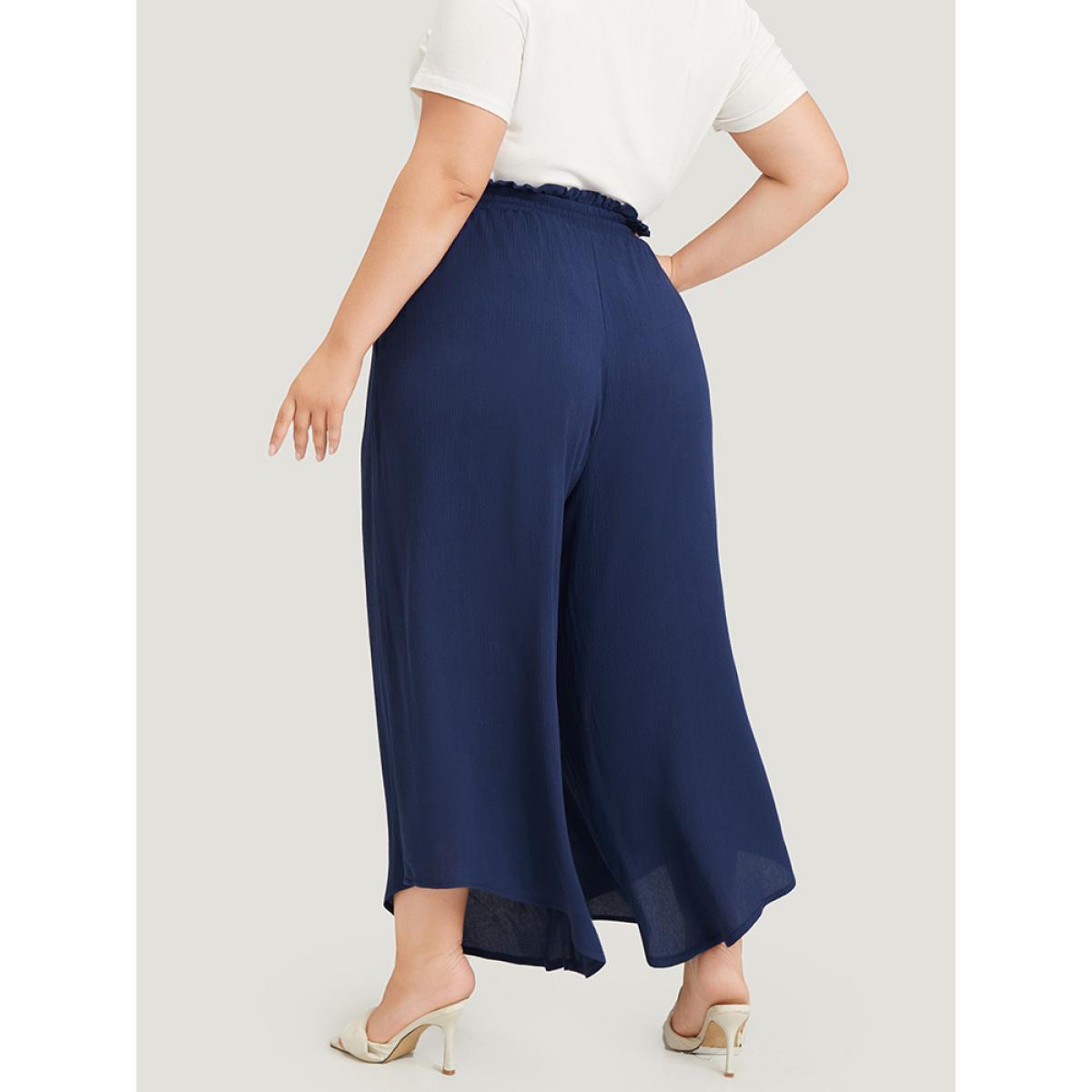 Plus Size Solid Paperbag Waist Asymmetrical Hem Wide Leg Pants Women Indigo Elegant High Rise Dailywear Pants BloomChic 10/M Product Image