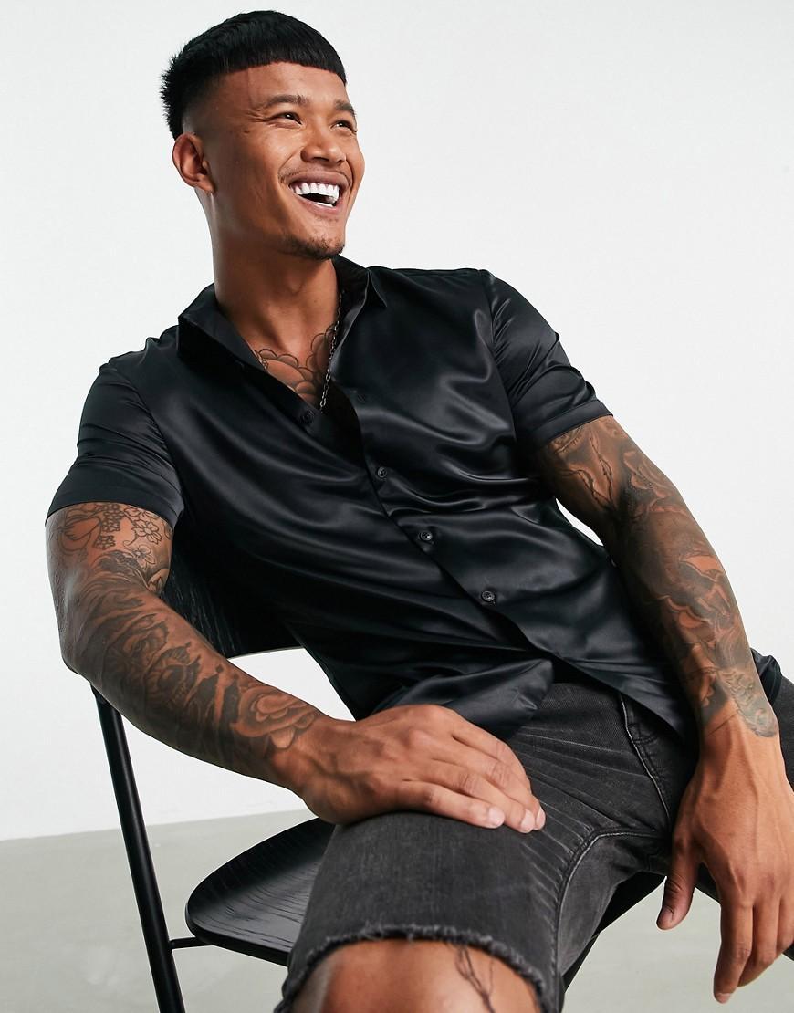 ASOS DESIGN skinny satin shirt in black Product Image
