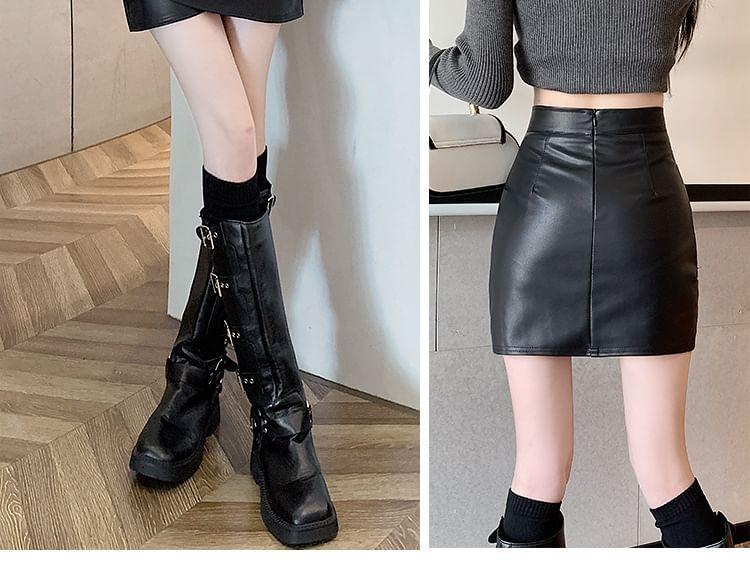 High Rise Plain Ruched Asymmetrical Faux Leather Mini Pencil Skirt Product Image