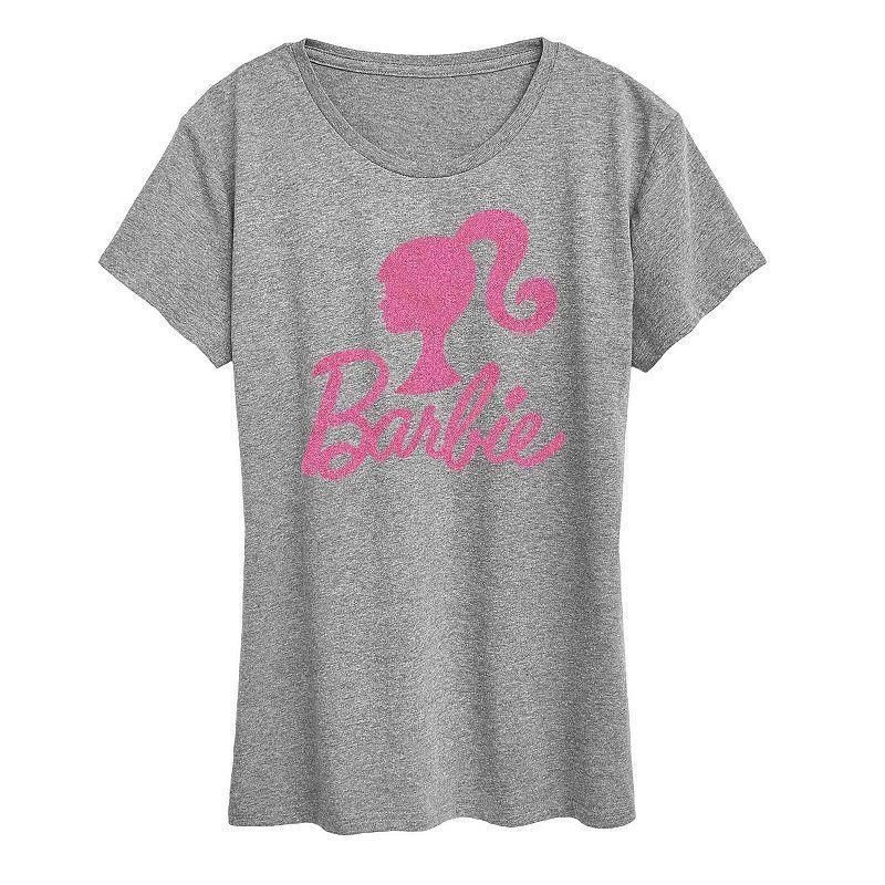 Womens Barbie Logo Pink Glitter Graphic Tee, Girls Grey Gray Product Image