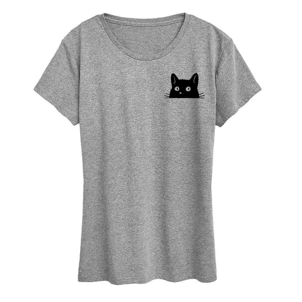 Womens Cat Peeking Left Chest Graphic Tee, Girls Grey Gray Product Image
