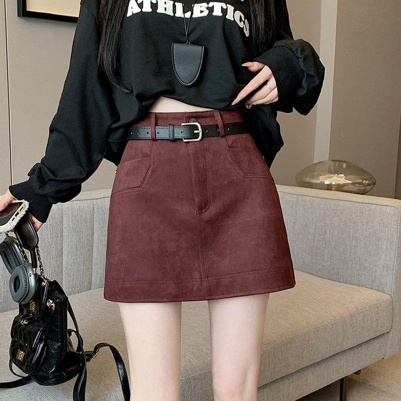 High Rise Plain Faux Suede Mini A-Line Skirt Product Image