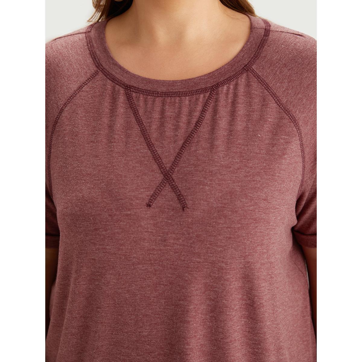 Plus Size Plain Crew Neck Stitch Roll Sleeve T-shirt Rust Women Casual Plain Plain Round Neck Dailywear T-shirts BloomChic 12/L Product Image