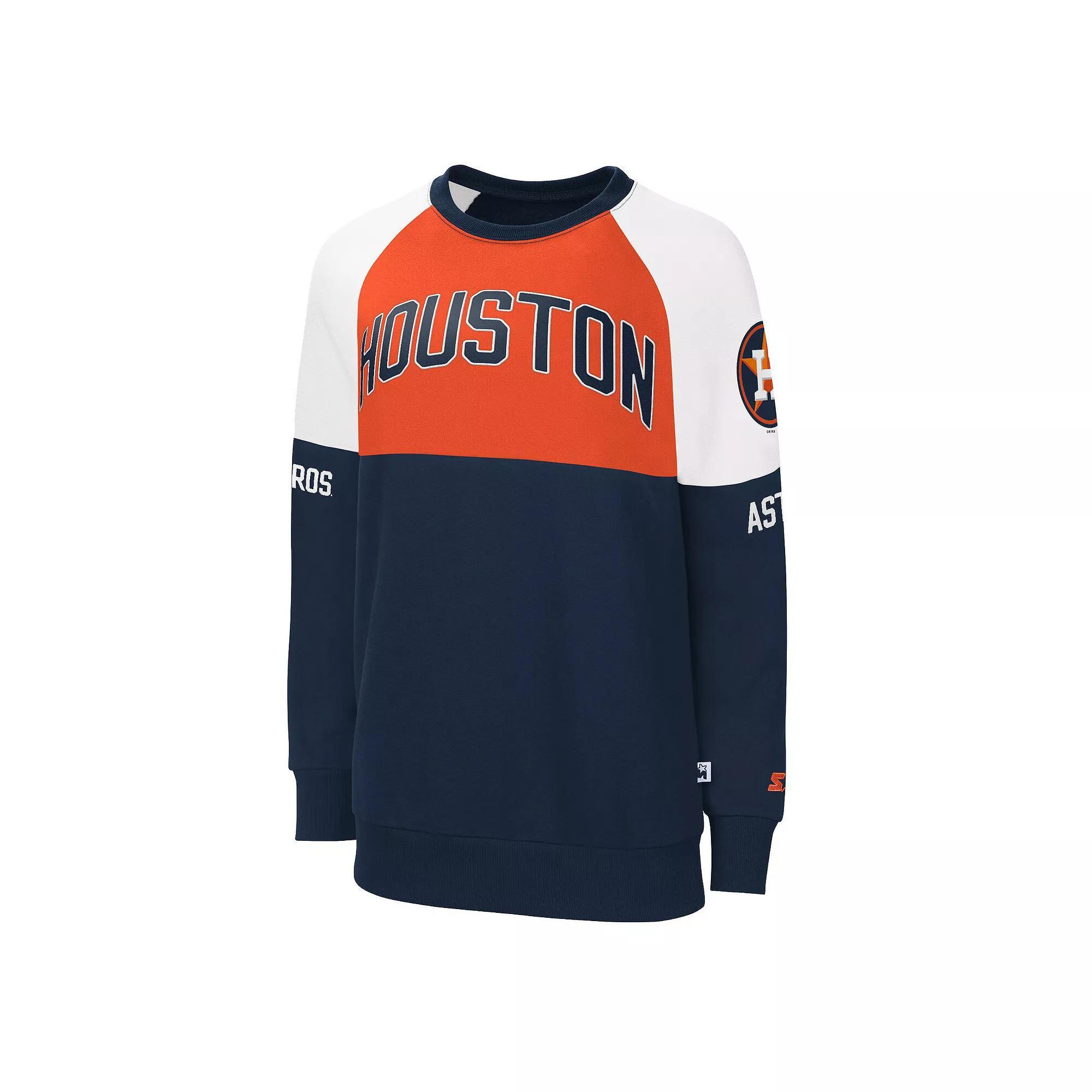 Women's Starter Navy/Orange Houston Astros Baseline Raglan Pullover Sweatshirt, Size: Medium, Blue Product Image