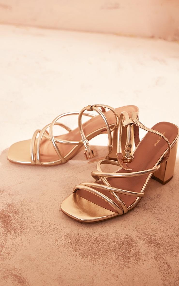 Gold Metallic Pu Round Toe Multi Strap Block Heeled Sandals Product Image