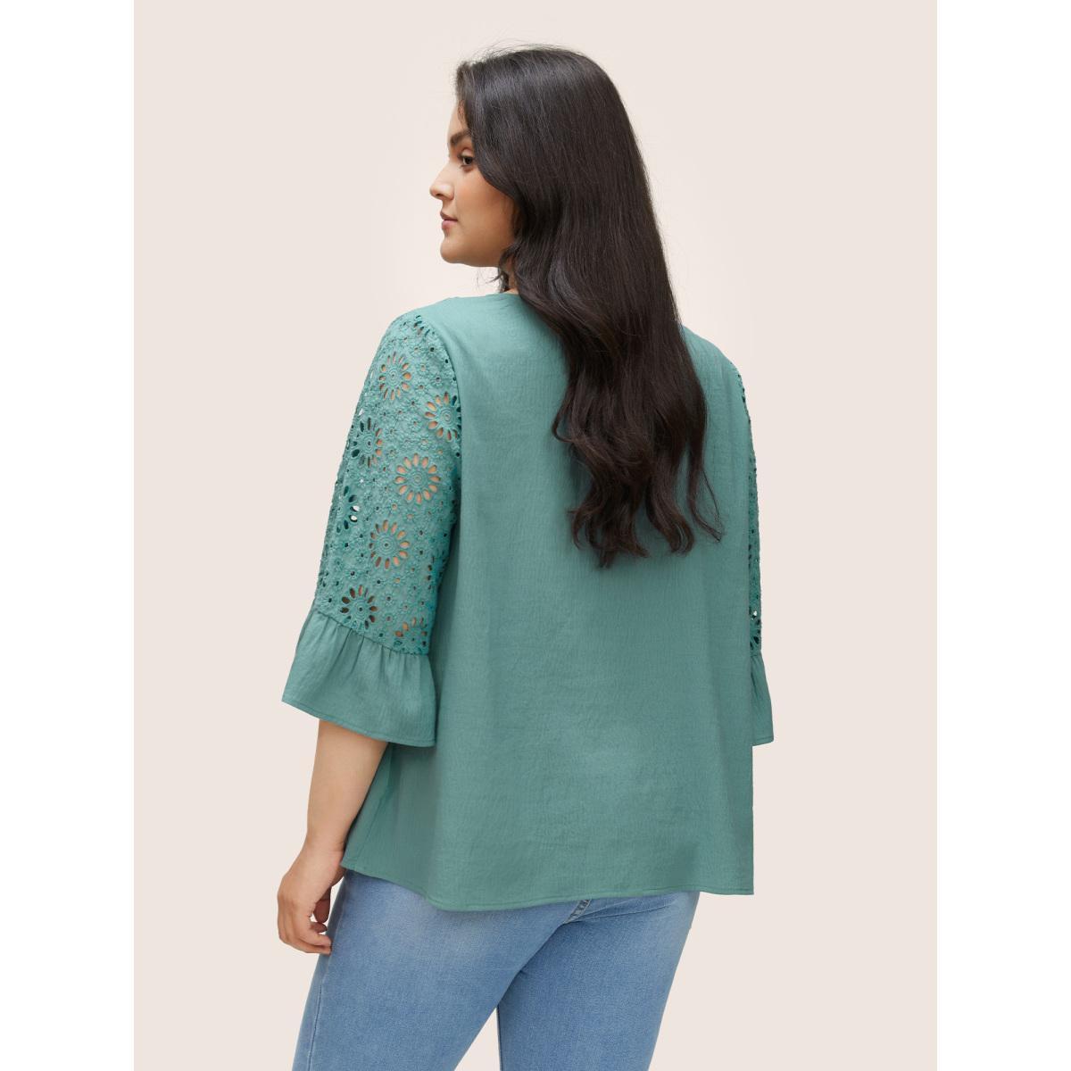 Plus Size Mint Plain Broderie Anglaise Ruffle Sleeve Blouse Women Casual Elbow-length sleeve Round Neck Everyday Blouses BloomChic 28/5X Product Image