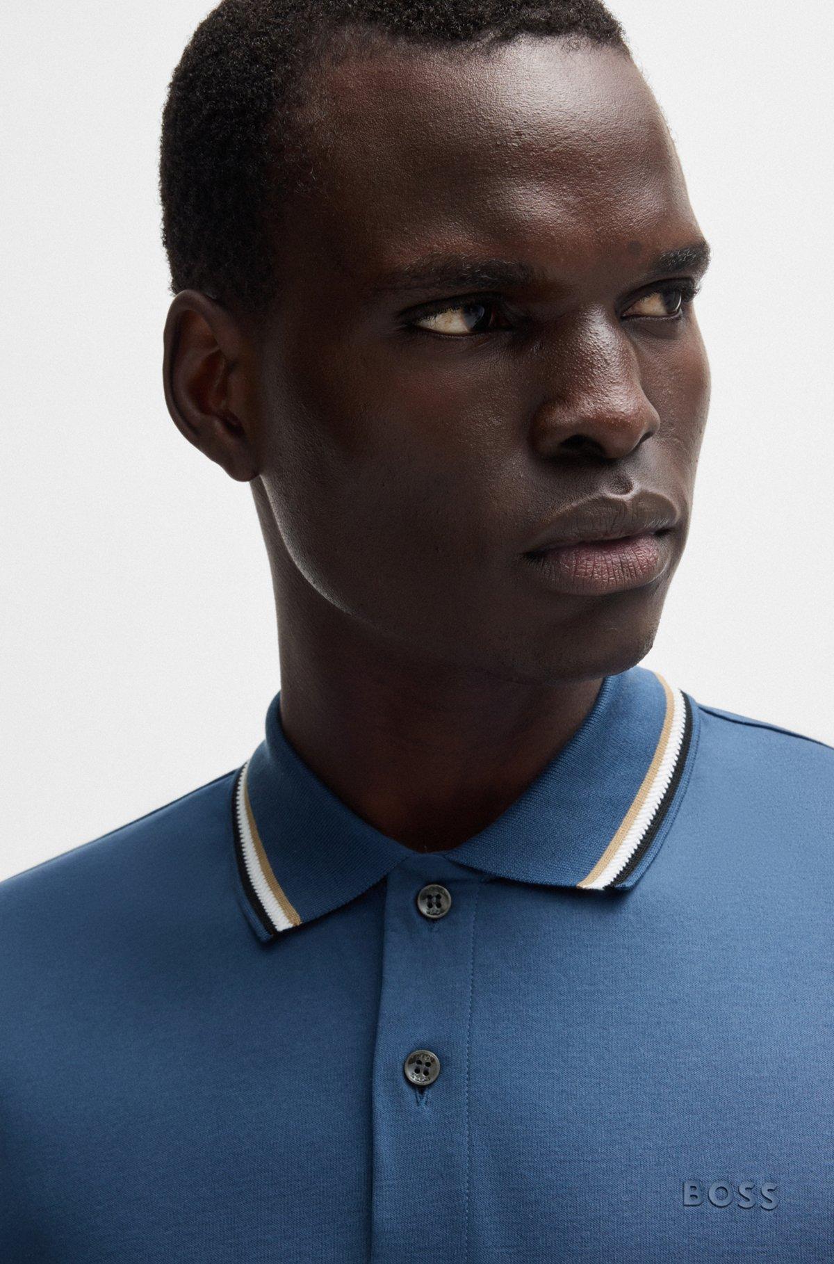 Slim-fit polo shirt in cotton with striped collar Product Image