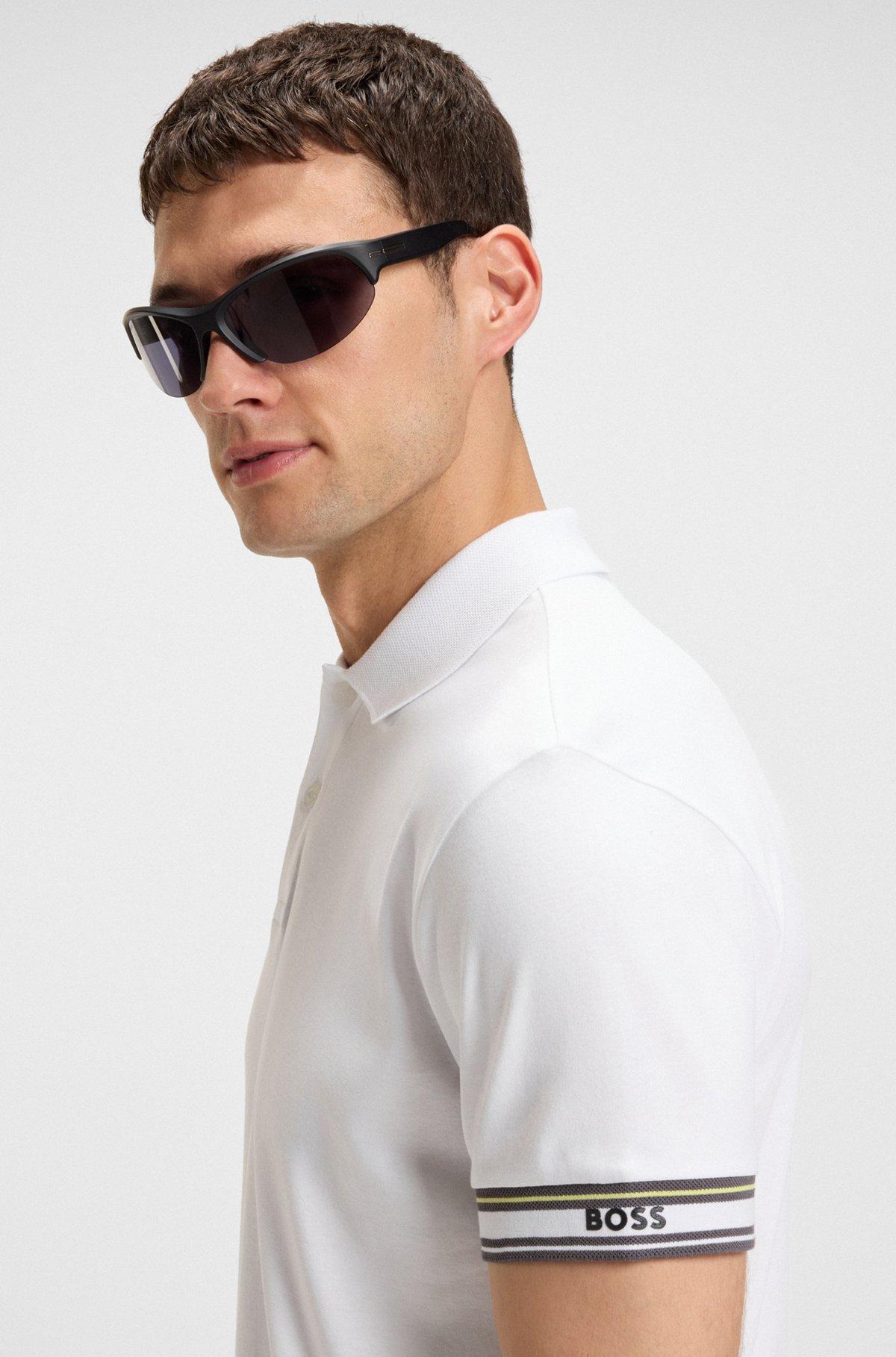 BOSS - Slim-fit polo shirt in cotton with striped collar - White Product Image