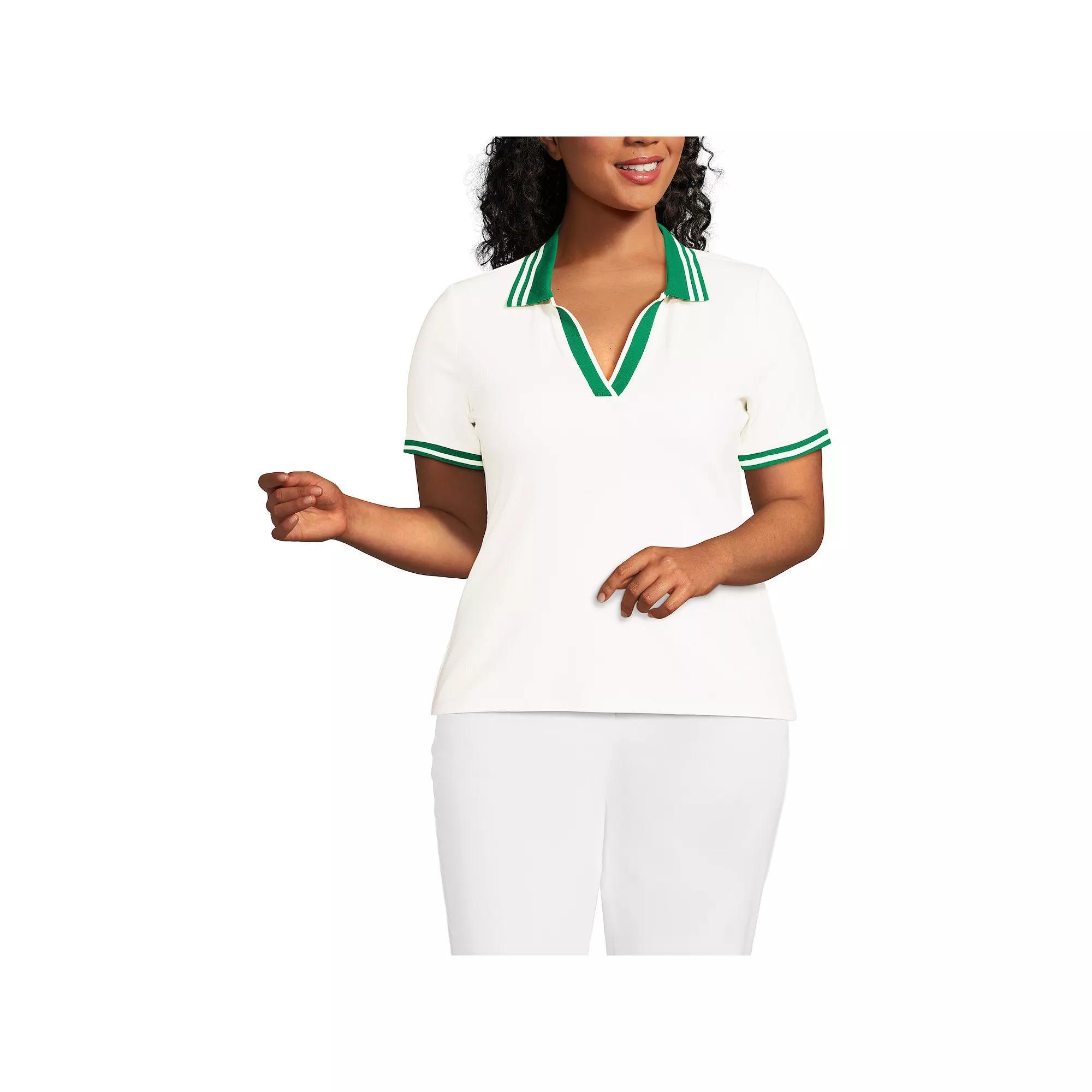 Plus Size Lands' End Short Sleeve Ribbed Polo, Women's, Size: 2XL, Blue Dual Stripe Product Image