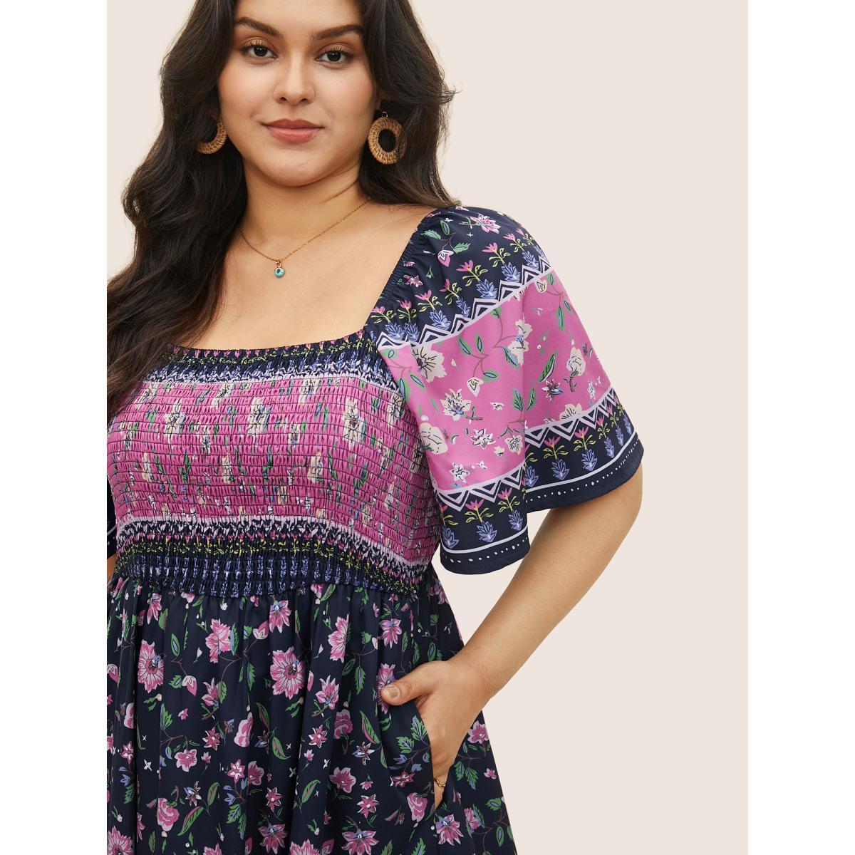 Plus Size Ditsy Floral Shirred Patchwork Ruffle Sleeve Dress Black Women Resort Shirred Square Neck Short sleeve Curvy Midi Dress BloomChic 22-24/3X Product Image