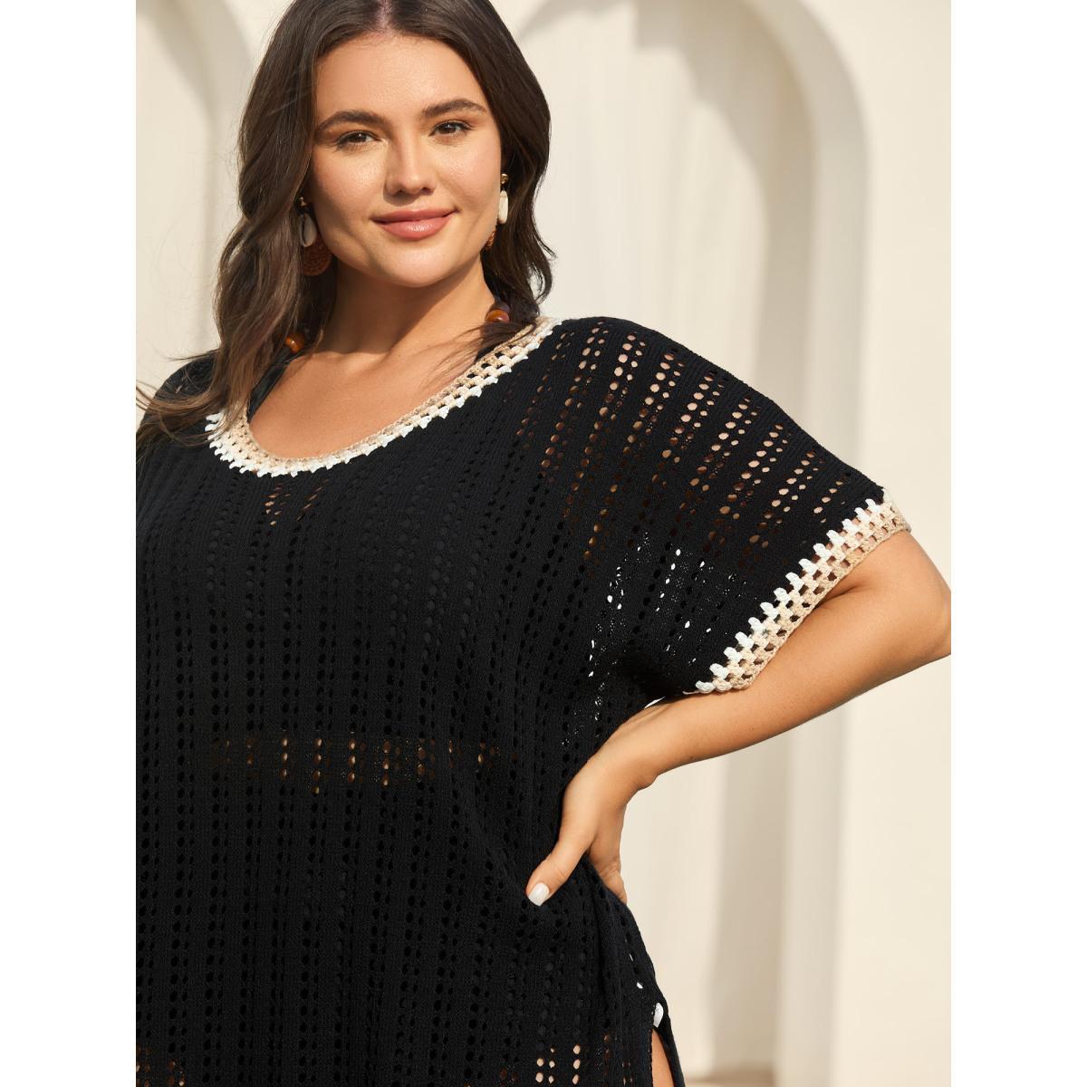 Plus Size Crochet Floral Embroidery Slit Swim Cover-Up Women's Swimwear Black Beach Loose Texture Curve Swim Cover Ups BloomChic 30/6X Product Image