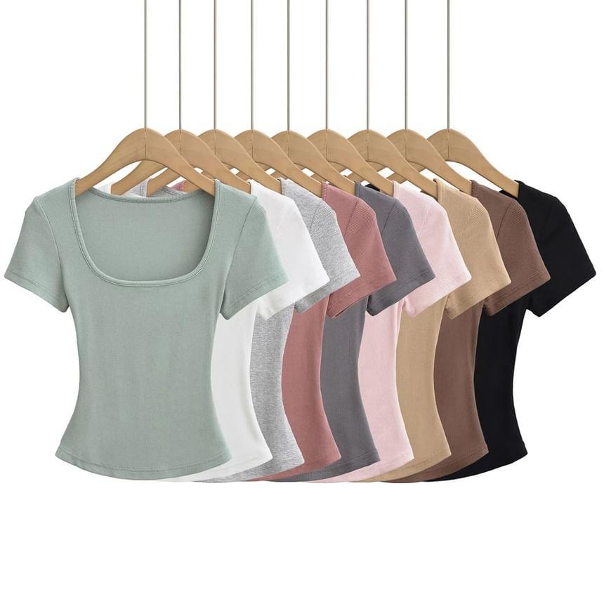 Short Sleeve Square-Neck Plain Slim-Fit Crop Top Product Image