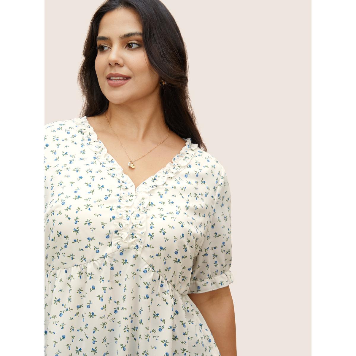 Plus Size White V Neck Ditsy Floral Frill Trim Blouse Women Elegant Short sleeve V-neck Everyday Blouses BloomChic 22-24/3X Product Image