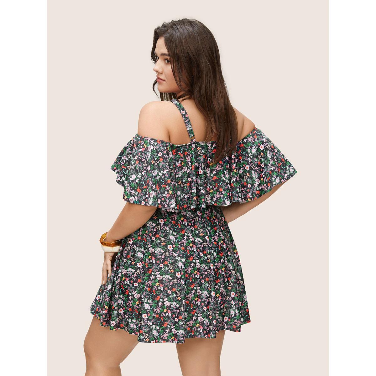 Plus Size Ditsy Floral Ruffles Cold Shoulder Swim Dress Women's Swimwear Black Beach Bodycon One-shoulder neck High stretch Curve Swim Dresses BloomChic 22-24/3X Product Image