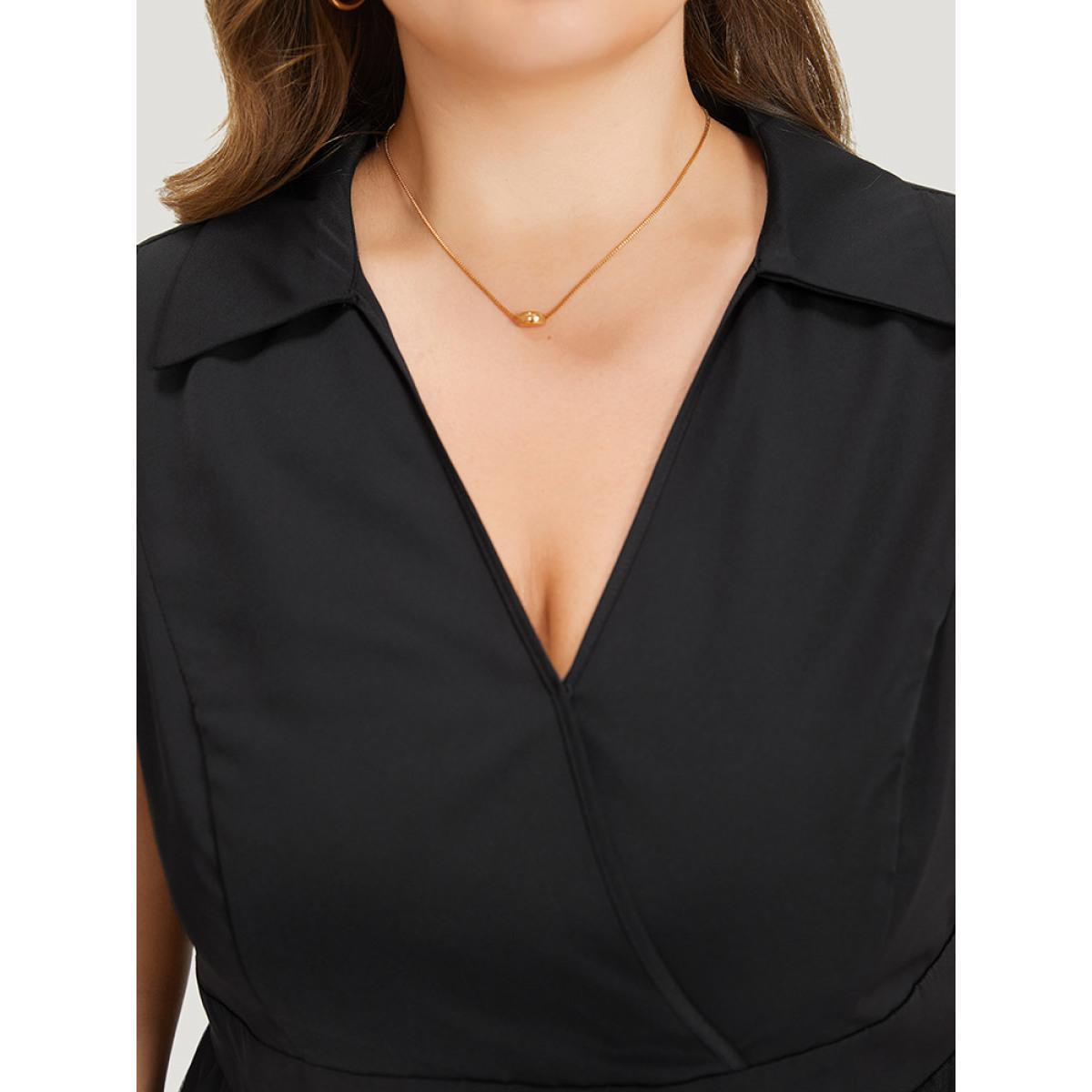 Plus Size Shirt Collar Pocket Mesh Elastic Waist Sleeveless Dress Black Women Elegant Lined Shirt collar Sleeveless Curvy Midi Dress BloomChic 22-24/3X Product Image